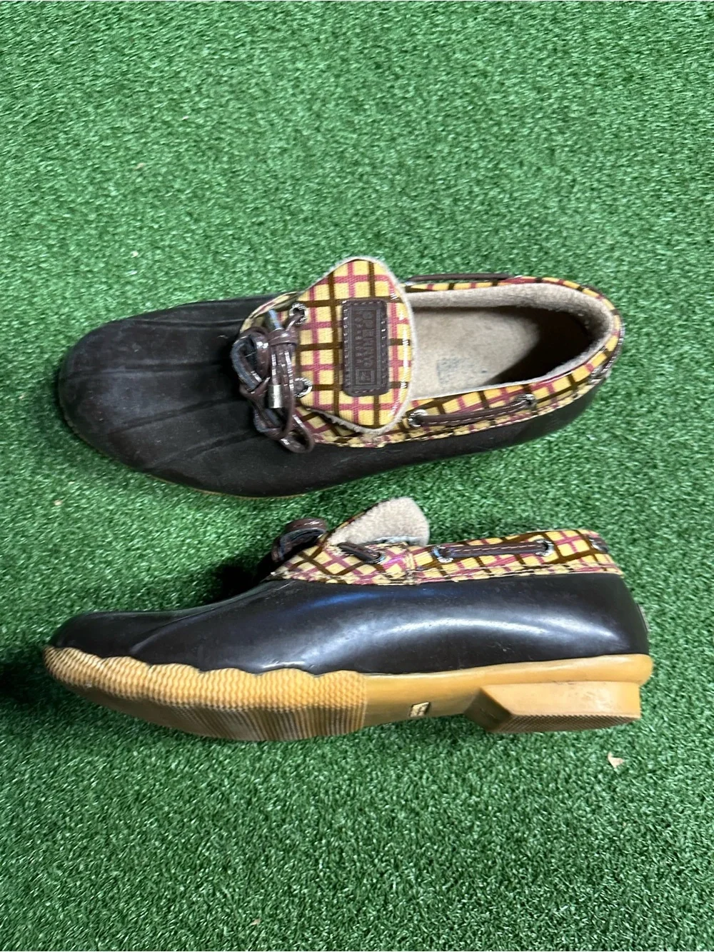 Sperrys Brown Duck-Style Loafers with Yellow Plaid Trim
